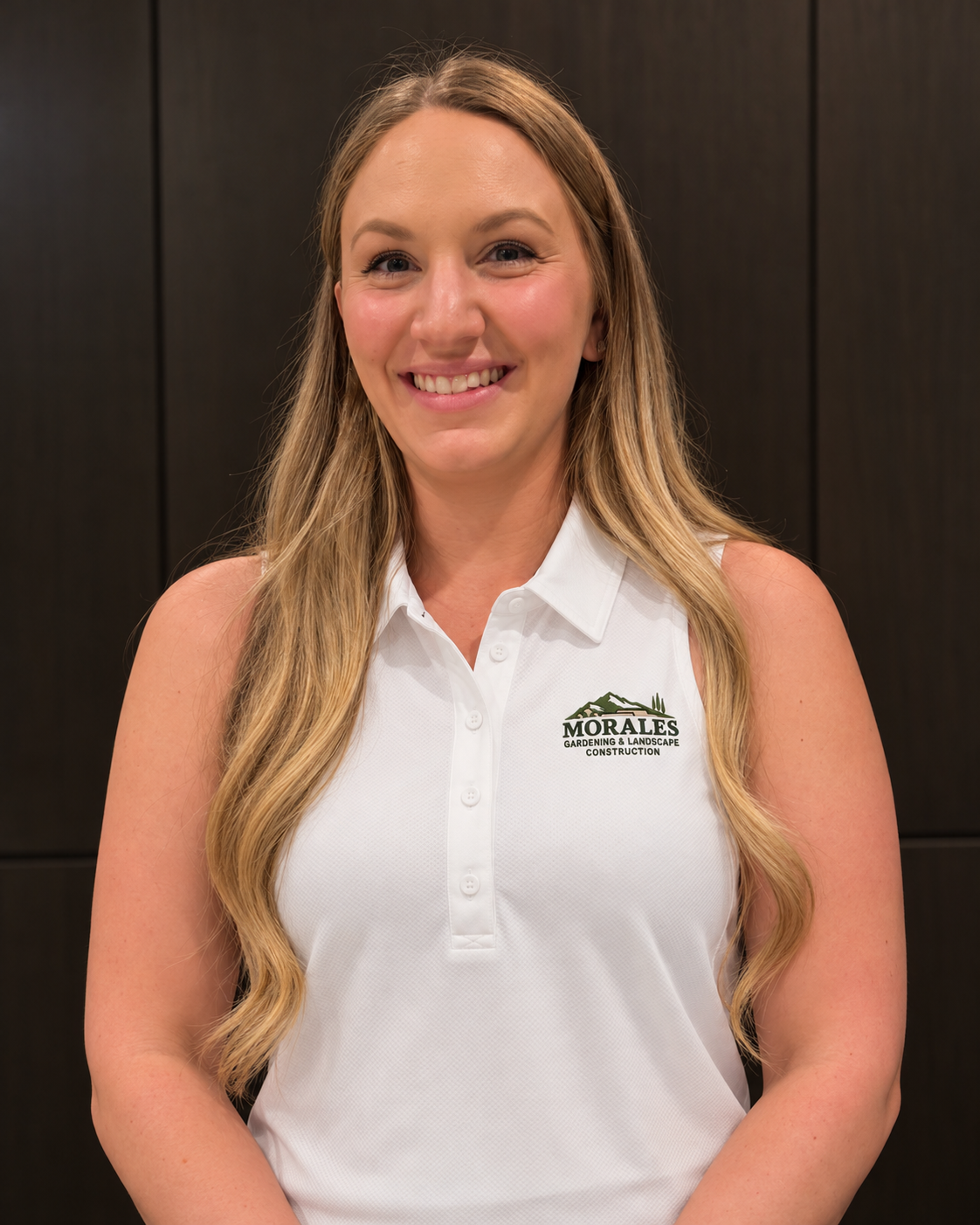 Rose Morales wearing a Morales Gardening and Landscape Construction polo